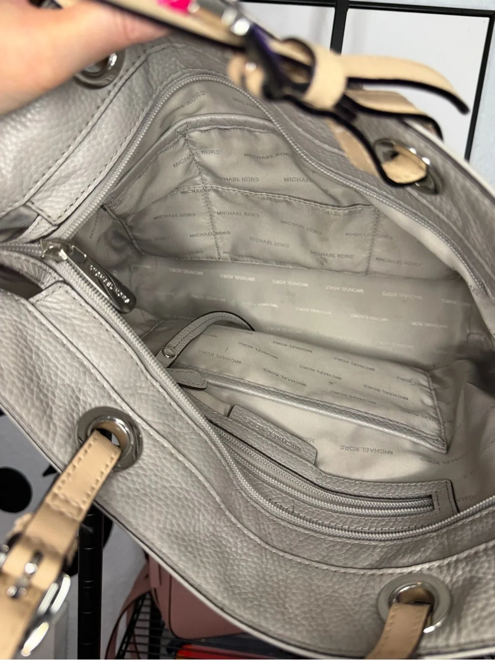 Michael Kors Pebbled Leather Tote Bag in Light Gray with Beige Handles